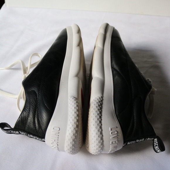 Love Moschino Black Leather Sneakers Running Shoes Heart Lace Up Women's 8 - Picture 5 of 11